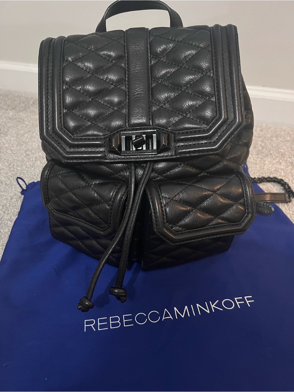 Rebecca Minkoff Black Quilted Leather Backpack with Drawstring